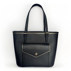 Michael Kors Jet Set Large Saffiano Leather Tote Black Gold Pocket Work Bag